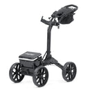 A Bag Boy Quad Pro Disc Golf Cart in black and slate colors, featuring a compact design with storage compartments and a beverage cooler attachment.