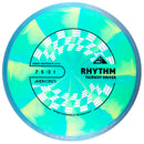 Axiom Cosmic Neutron Rhythm fairway driver disc, turquoise and lime green disc with blue rim