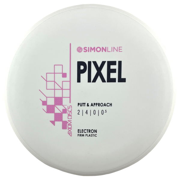 Axiom Electron Firm Simon Line Pixel putt & approach disc, White Out With Pink Stamp stamp, white disc with white rim