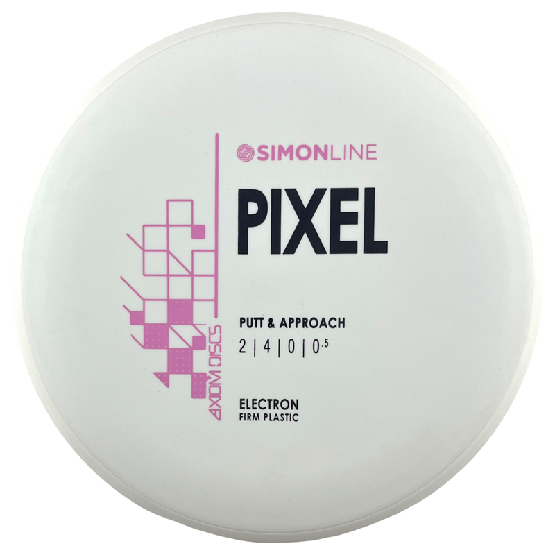 Axiom Electron Firm Simon Line Pixel putt & approach disc, White Out With Pink Stamp stamp, white disc with white rim