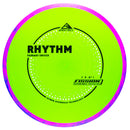 Axiom Fission Rhythm fairway driver disc, yellow disc with pink and purple rim