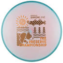 Axiom Fission Simon Line Balance midrange disc, 2025 Preserve Championship stamp, light pink and light blue disc with turquoise rim