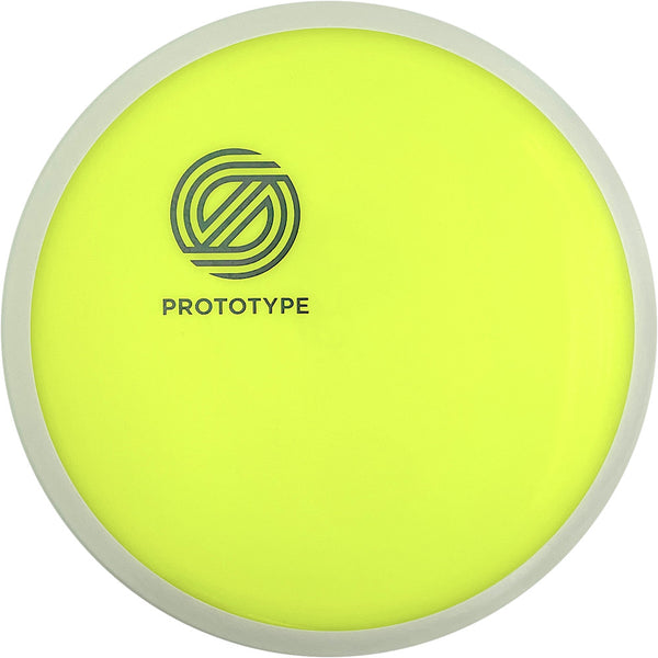 Axiom Neutron Simon Line Aspect driver disc, Simon Line Prototype Mini Stamp stamp, yellow disc with white rim