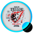 Axiom Particle Eclipse Fireball driver disc, Simon Lizotte 2025 Team Series Halloween Edition "Tales of Terror" stamp, blue disc with light blue rim