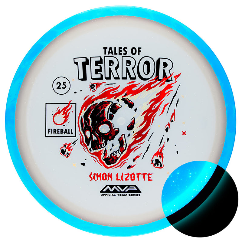 Axiom Particle Eclipse Fireball driver disc, Simon Lizotte 2025 Team Series Halloween Edition "Tales of Terror" stamp, blue disc with light blue rim