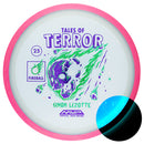 Axiom Particle Eclipse Fireball driver disc, Simon Lizotte 2025 Team Series Halloween Edition "Tales of Terror" stamp, blue disc with pink rim
