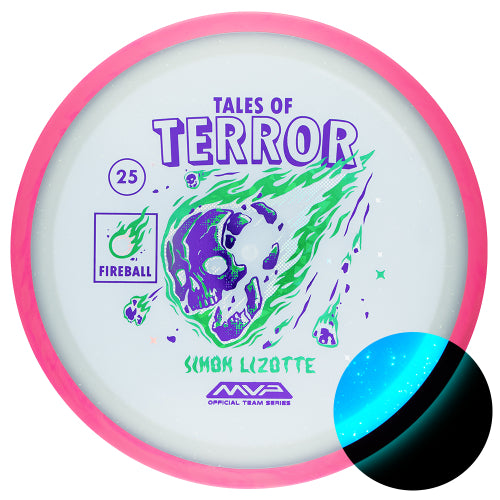 Axiom Particle Eclipse Fireball driver disc, Simon Lizotte 2025 Team Series Halloween Edition "Tales of Terror" stamp, blue disc with pink rim