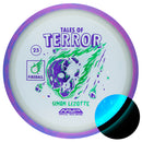 Axiom Particle Eclipse Fireball driver disc, Simon Lizotte 2025 Team Series Halloween Edition "Tales of Terror" stamp, blue disc with purple and blue rim