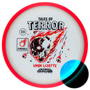 Axiom Particle Eclipse Fireball driver disc, Simon Lizotte 2025 Team Series Halloween Edition "Tales of Terror" stamp, blue disc with red rim