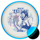 Axiom Particle Eclipse Hex midrange disc, Jeremy Koling 2025 Team Series Halloween Edition "Tales of Terror" stamp, blue disc with blue rim