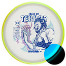 Axiom Particle Eclipse Hex midrange disc, Jeremy Koling 2025 Team Series Halloween Edition "Tales of Terror" stamp, blue disc with green yellow and orange rim