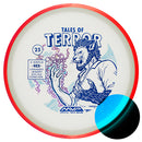 Axiom Particle Eclipse Hex midrange disc, Jeremy Koling 2025 Team Series Halloween Edition "Tales of Terror" stamp, blue disc with red rim