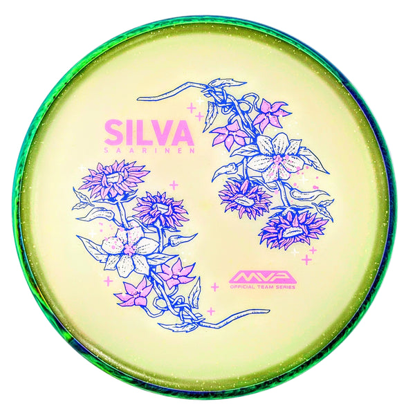 Axiom Particle Eclipse Proxy putt & approach disc, Silva Saarinen 2025 Team Series "Flowers" stamp, glow disc with green and dark blue rim