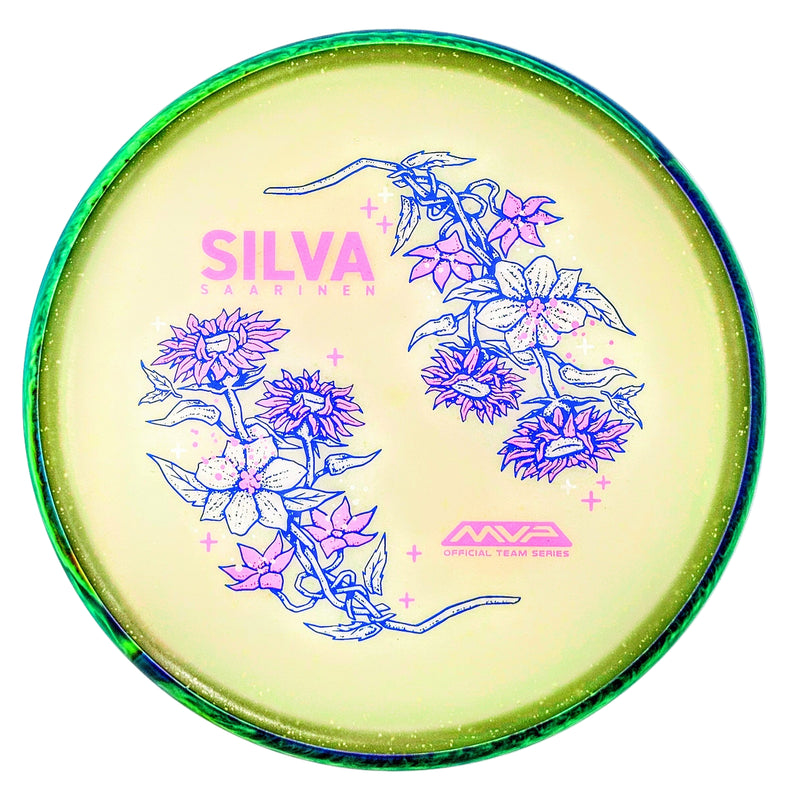Axiom Particle Eclipse Proxy putt & approach disc, Silva Saarinen 2025 Team Series "Flowers" stamp, glow disc with green and dark blue rim