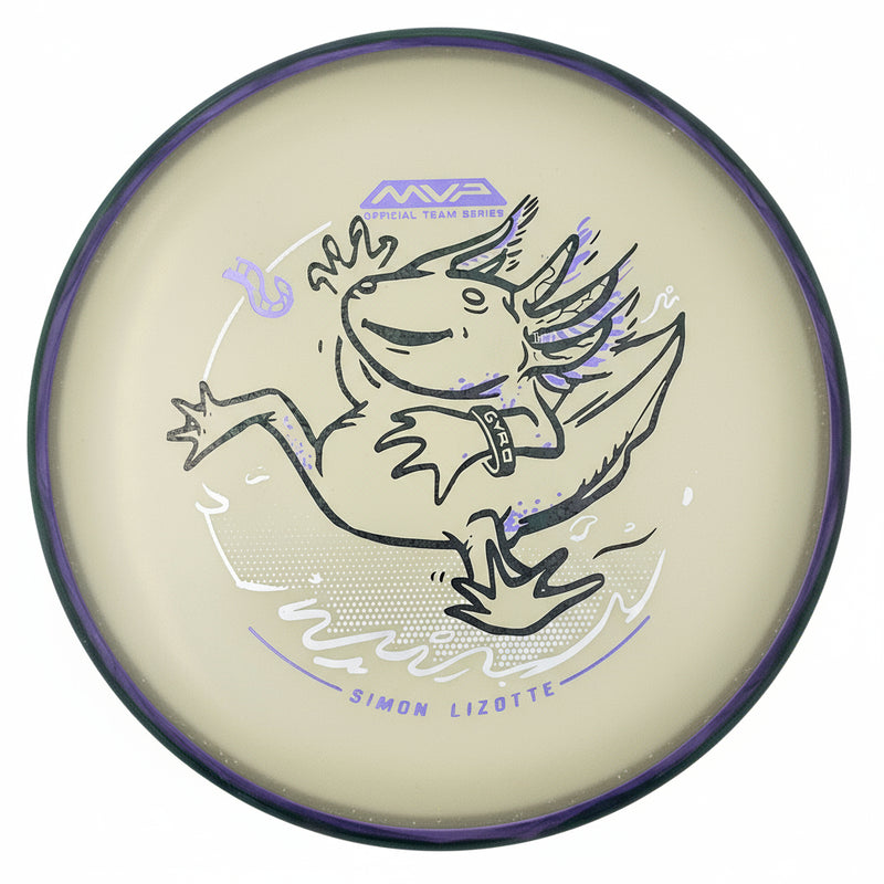 Axiom Particle Eclipse Simon Line Pixel putt & approach disc, Simon Lizotte 2025 Team Series "Lizottl'" stamp, glow disc with purple and dark green rim
