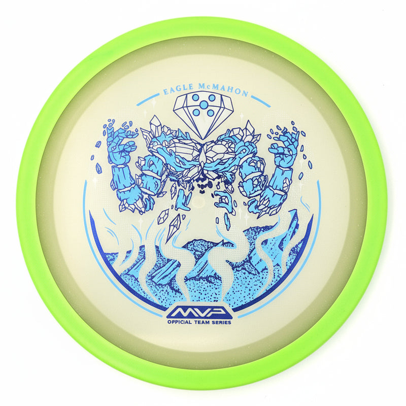 Axiom Particle Eclipse Thrill driver disc, Eagle McMahon 2025 Team Series "Elemental Thrill" stamp, glow disc with lime green and green rim