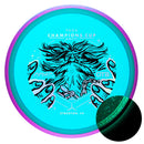 Axiom Particle Glow Proton Hex midrange disc, 2025 Champions Cup "Wizardcraft" stamp, light blue disc with purple rim