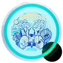 Axiom Particle Glow Proton Insanity fairway driver disc, Silva Saarinen 2025 Team Series Halloween Edition "Tales of Terror" stamp, light blue disc with gray and white rim