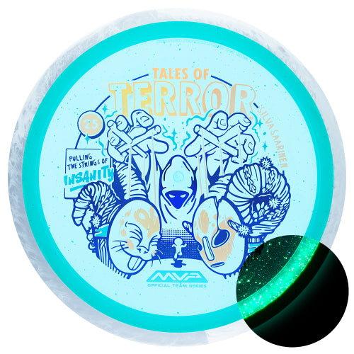 Axiom Particle Glow Proton Insanity fairway driver disc, Silva Saarinen 2025 Team Series Halloween Edition "Tales of Terror" stamp, light blue disc with gray and white rim