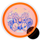 Axiom Particle Glow Proton Insanity fairway driver disc, Silva Saarinen 2025 Team Series Halloween Edition "Tales of Terror" stamp, orange disc with white rim