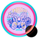 Axiom Particle Glow Proton Insanity fairway driver disc, Silva Saarinen 2025 Team Series Halloween Edition "Tales of Terror" stamp, pink disc with light blue rim