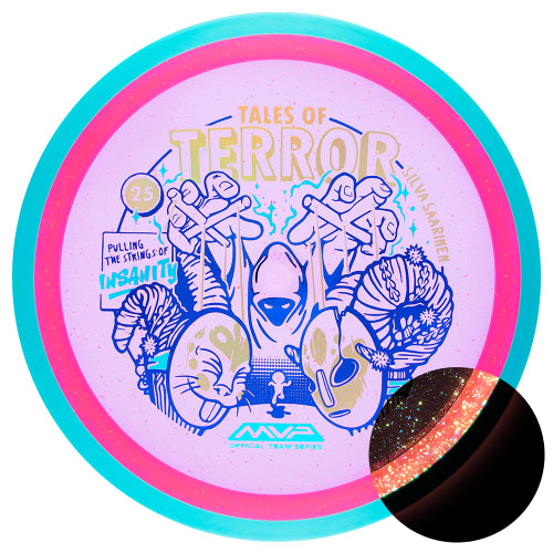 Axiom Particle Glow Proton Insanity fairway driver disc, Silva Saarinen 2025 Team Series Halloween Edition "Tales of Terror" stamp, pink disc with light blue rim