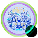 Axiom Particle Glow Proton Insanity fairway driver disc, Silva Saarinen 2025 Team Series Halloween Edition "Tales of Terror" stamp, purple disc with green rim