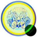 Axiom Particle Glow Proton Insanity fairway driver disc, Silva Saarinen 2025 Team Series Halloween Edition "Tales of Terror" stamp, yellow disc with purple and blurple rim
