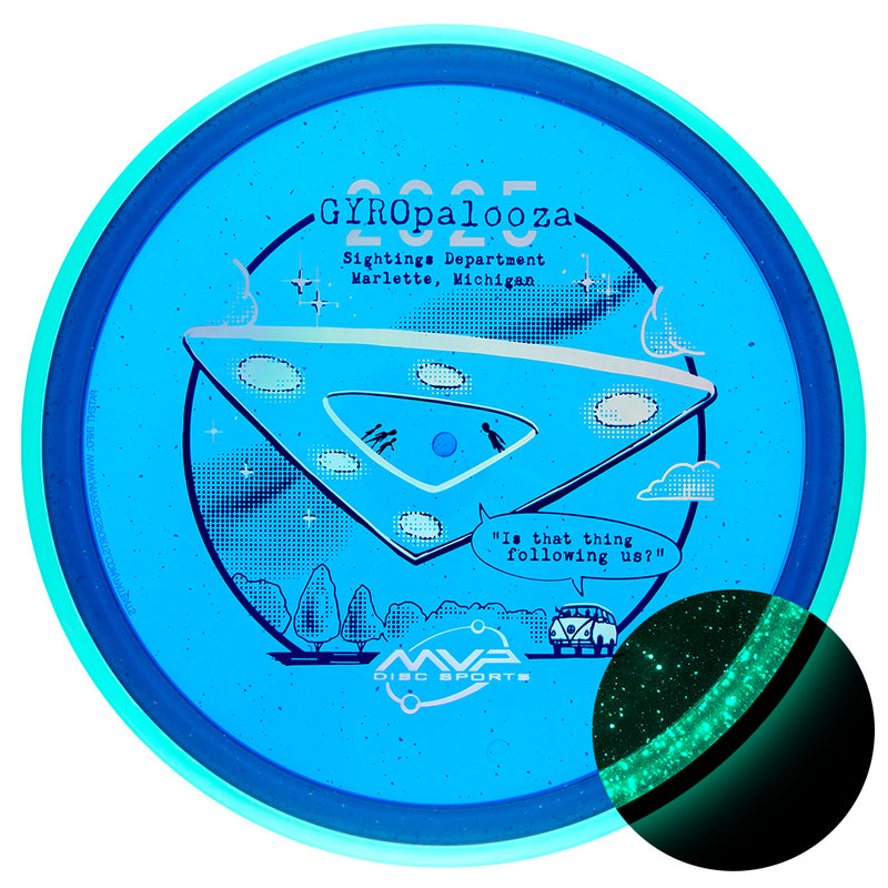 Axiom Particle Glow Proton Pyro midrange disc, GYROpalooza 2025 "UFO Sighting" stamp, blue disc with turquoise rim