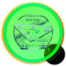 Axiom Particle Glow Proton Pyro midrange disc, GYROpalooza 2025 "UFO Sighting" stamp, green disc with orange and white rim