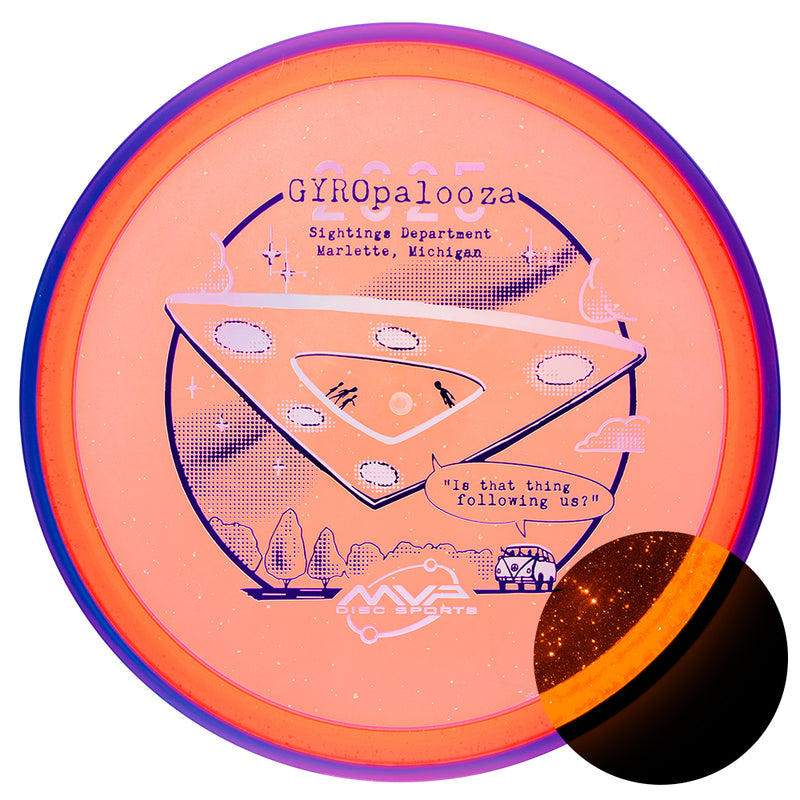 Axiom Particle Glow Proton Pyro midrange disc, GYROpalooza 2025 "UFO Sighting" stamp, orange disc with purple rim