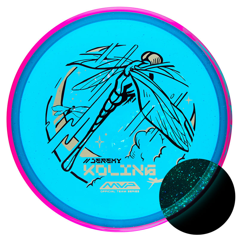 Axiom Particle Glow Proton Tempo midrange disc, Jeremy Koling 2025 Team Series "Dragon Fly" stamp, blue disc with pink rim