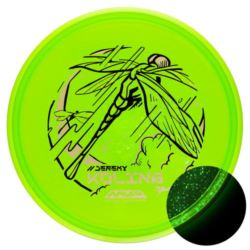 Axiom Particle Glow Proton Tempo midrange disc, Jeremy Koling 2025 Team Series "Dragon Fly" stamp, green disc with green yellow rim