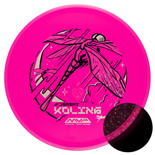 Axiom Particle Glow Proton Tempo midrange disc, Jeremy Koling 2025 Team Series "Dragon Fly" stamp, pink disc with pink rim