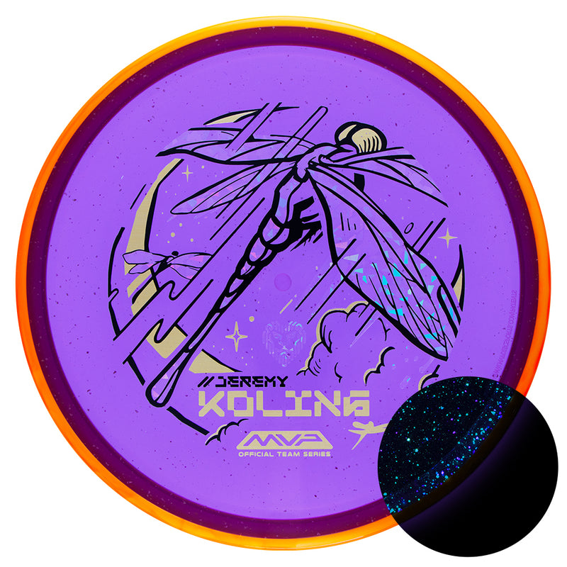 Axiom Particle Glow Proton Tempo midrange disc, Jeremy Koling 2025 Team Series "Dragon Fly" stamp, purple disc with yellow rim