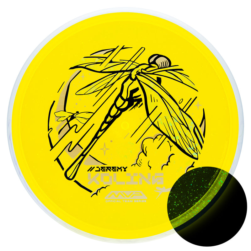 Axiom Particle Glow Proton Tempo midrange disc, Jeremy Koling 2025 Team Series "Dragon Fly" stamp, yellow disc with white rim