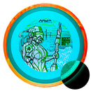 Axiom Particle Glow Proton Virus driver disc, 2025 Champions Cup "Jane DOE" stamp, turquoise disc with orange and yellow rim