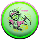 Axiom Particle Glow Soft Proton Hex midrange disc, 2026 OTB Open "Vibes" stamp, green disc with purple rim