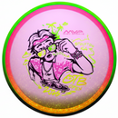 Axiom Particle Glow Soft Proton Hex midrange disc, 2027 OTB Open "Vibes" stamp, pink disc with green rim