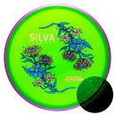 Axiom Particle Glow Soft Proton Proxy putt & approach disc, Silva Saarinen 2025 Team Series "Forest Stars" stamp, green disc with purple rim