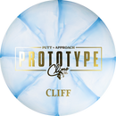 Climo Swirled Trophy LIne Cliff putt & approach disc, Climo Prototype Putter stamp, white and blue disc