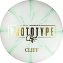 Climo Swirled Trophy LIne Cliff putt & approach disc, Climo Prototype Putter stamp, white and green disc