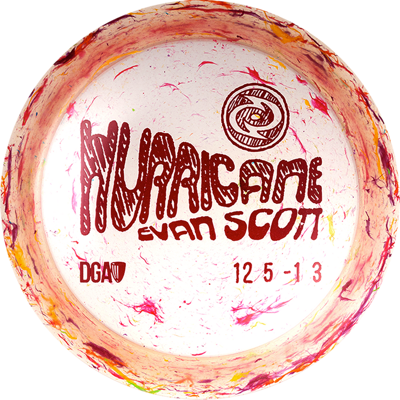 DGA Granite Hurricane driver disc, Evan Scott 2025 Tour Series stamp, light orange and multi color disc