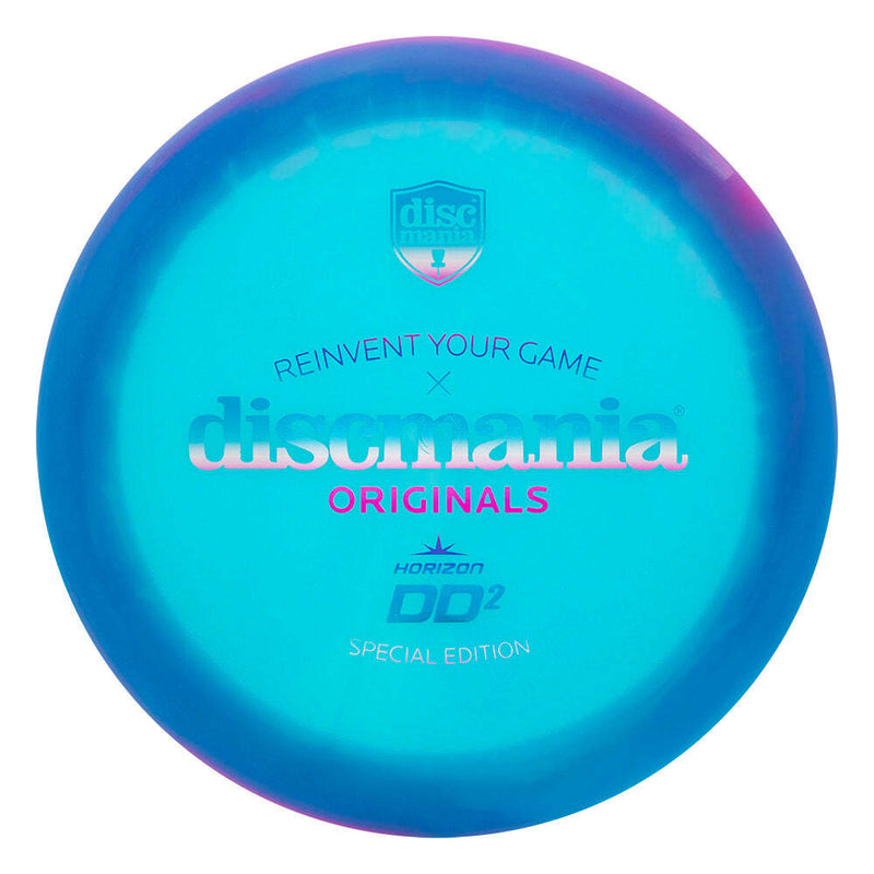 Discmania Color Glow Horizon C-Line DD2 driver disc, Discmania Originals Stamp stamp, blue disc with purple rim
