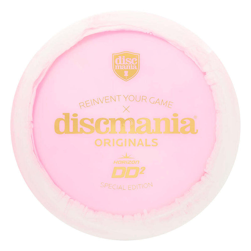 Discmania Color Glow Horizon C-Line DD2 driver disc, Discmania Originals Stamp stamp, pink disc with white rim