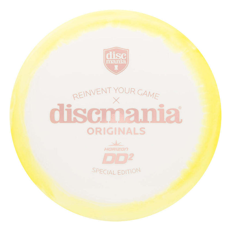 Discmania Color Glow Horizon C-Line DD2 driver disc, Discmania Originals Stamp stamp, white disc with yellow rim