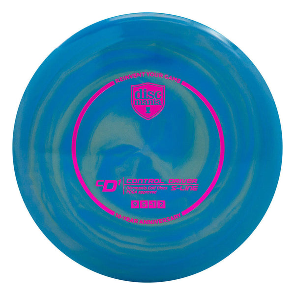 Discmania Golden Swirl S-Line CD1 driver disc, 10 Year Anniversary Heirloom Stamp stamp, blue and gold disc