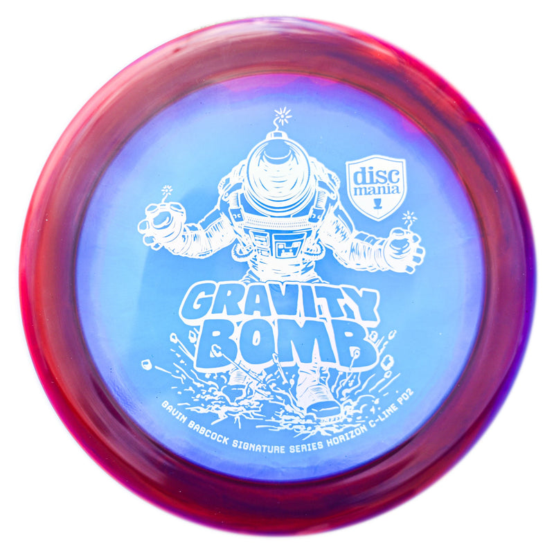 Discmania Horizon C-Line PD2 driver disc, Gavin Babcock 2024 Signature Series "Gravity Bomb" stamp, blue disc with purple rim