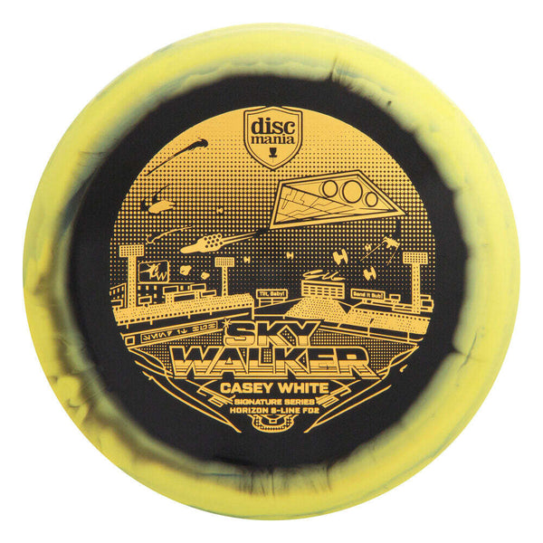Discmania Horizon S-Line FD2 fairway driver disc, Casey White Signature Series "Sky Walker 3" stamp, black disc with yellow rim