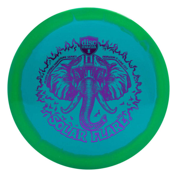 Discmania Horizon S-Line FD3 fairway driver disc, Alden Harris 2025 Signature Series "Solar Flare" stamp, turquoise disc with green rim